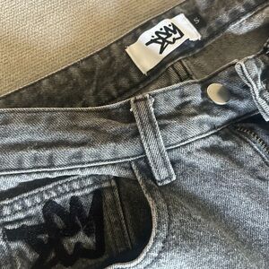 Gray Denim Jeans with Black Logo